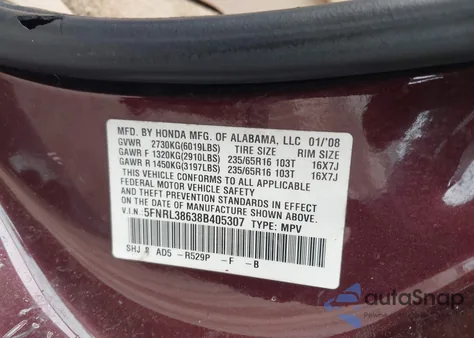 2008 Honda Odyssey Ex-L z USA, uszkodzony, nr VIN 5FNRL38638B405307